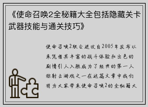 《使命召唤2全秘籍大全包括隐藏关卡武器技能与通关技巧》
